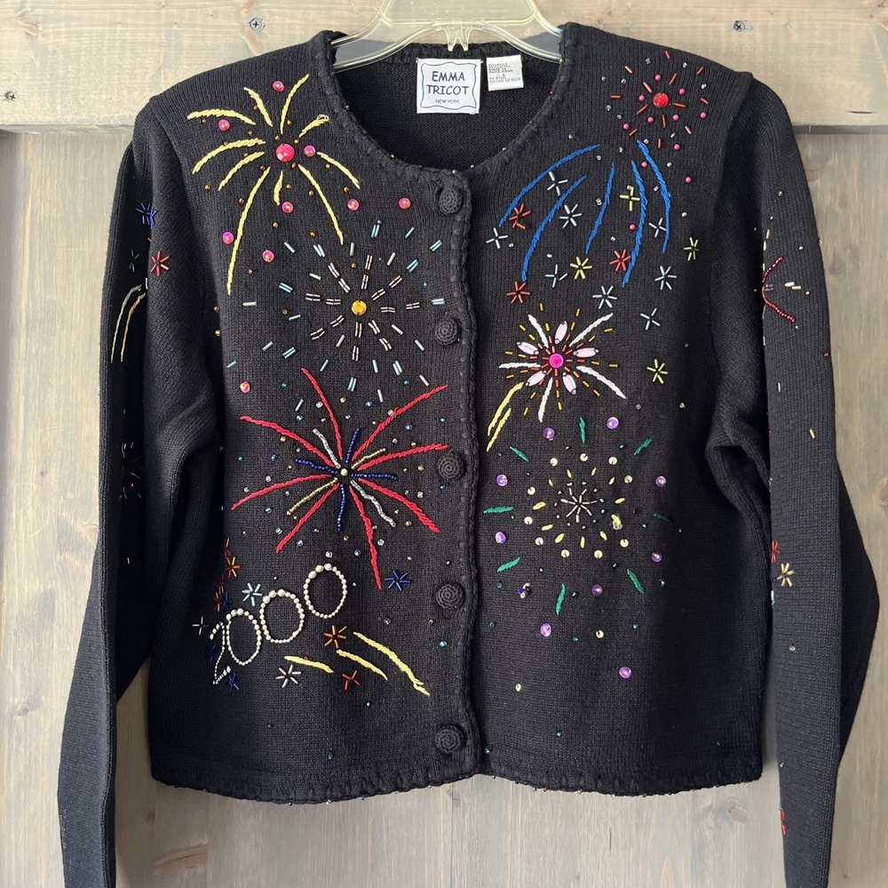 Vintage Y2K Emma Tricot Sweater Cardigan 2000 Fireworks Embellished Beaded Large